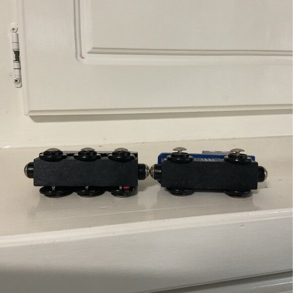 Two Imaginarium Wooden Train Set Blue Engine Locomotive Black Coal Tender Car - Picture 3 of 3